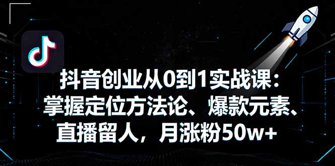 抖音创业从0到1实战课：掌握定位方法论、爆款元素、直播留人，月涨粉50w+