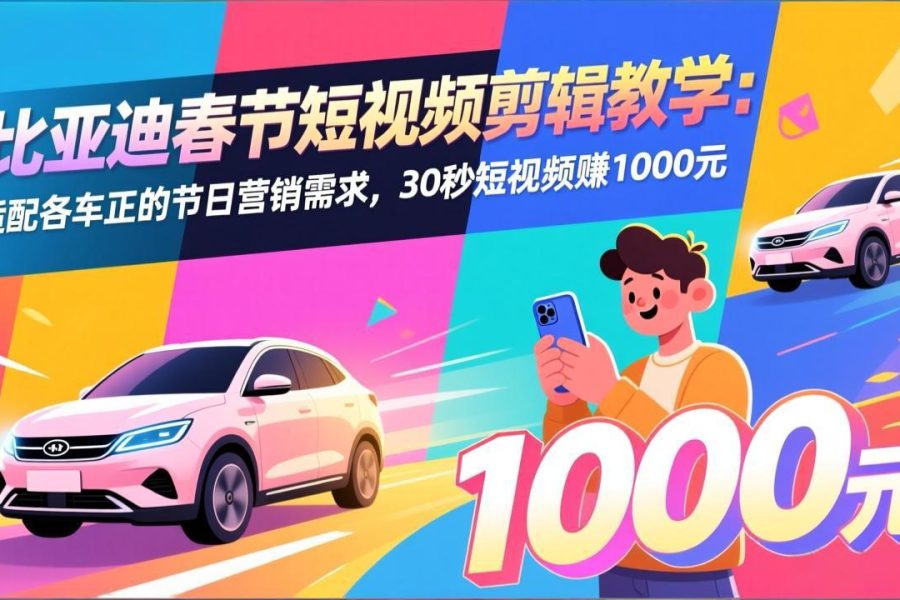 比亚迪春节短视频剪辑教学：适配各车企的节日营销需求，30秒短视频赚1000元