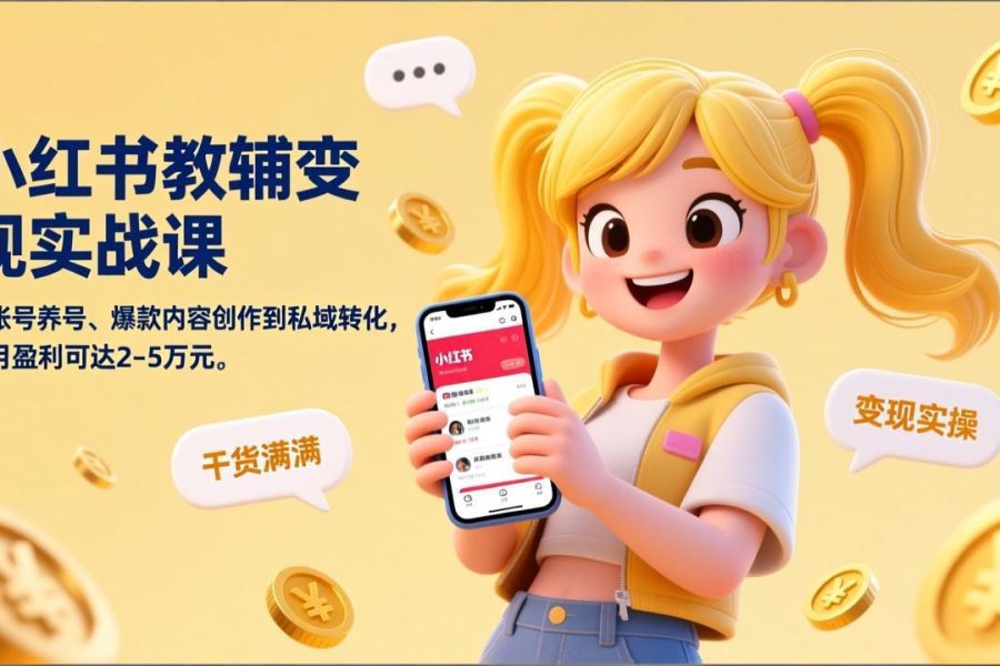 小红书教辅变现实战课，从账号养号、爆款内容创作到私域转化，单月盈利可达2-5万元