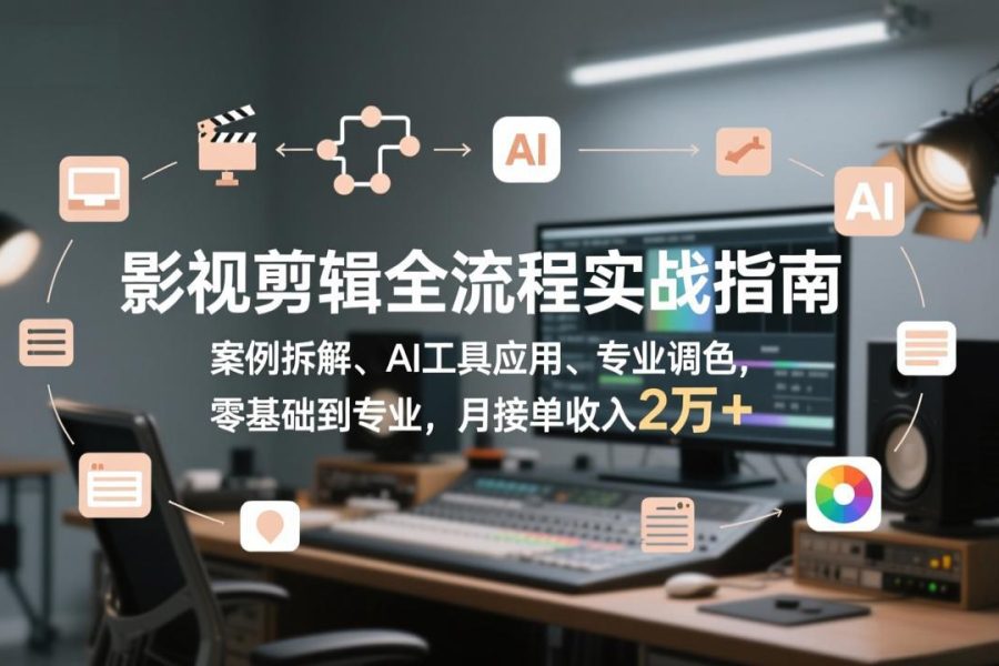 影视剪辑全流程实战指南，案例拆解、AI工具应用、专业调色，零基础到专业，月接单收入2万+