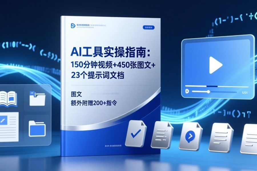 AI工具实操指南：150分钟视频+450张图文+23个提示词文档，额外附赠200+指令