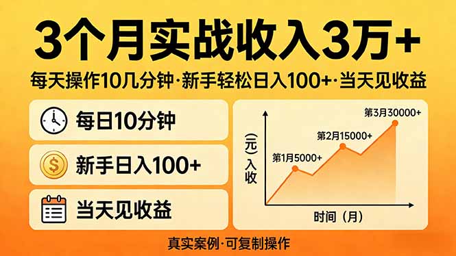3个月实战收入3万+,每天操作10几分钟,新手轻松日入100+,当天见收益