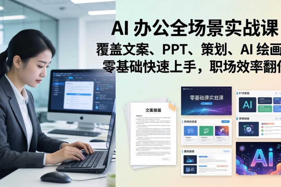 AI 办公全场景实战课：覆盖文案、PPT、策划、AI 绘画，零基础快速上手，职场效率翻倍